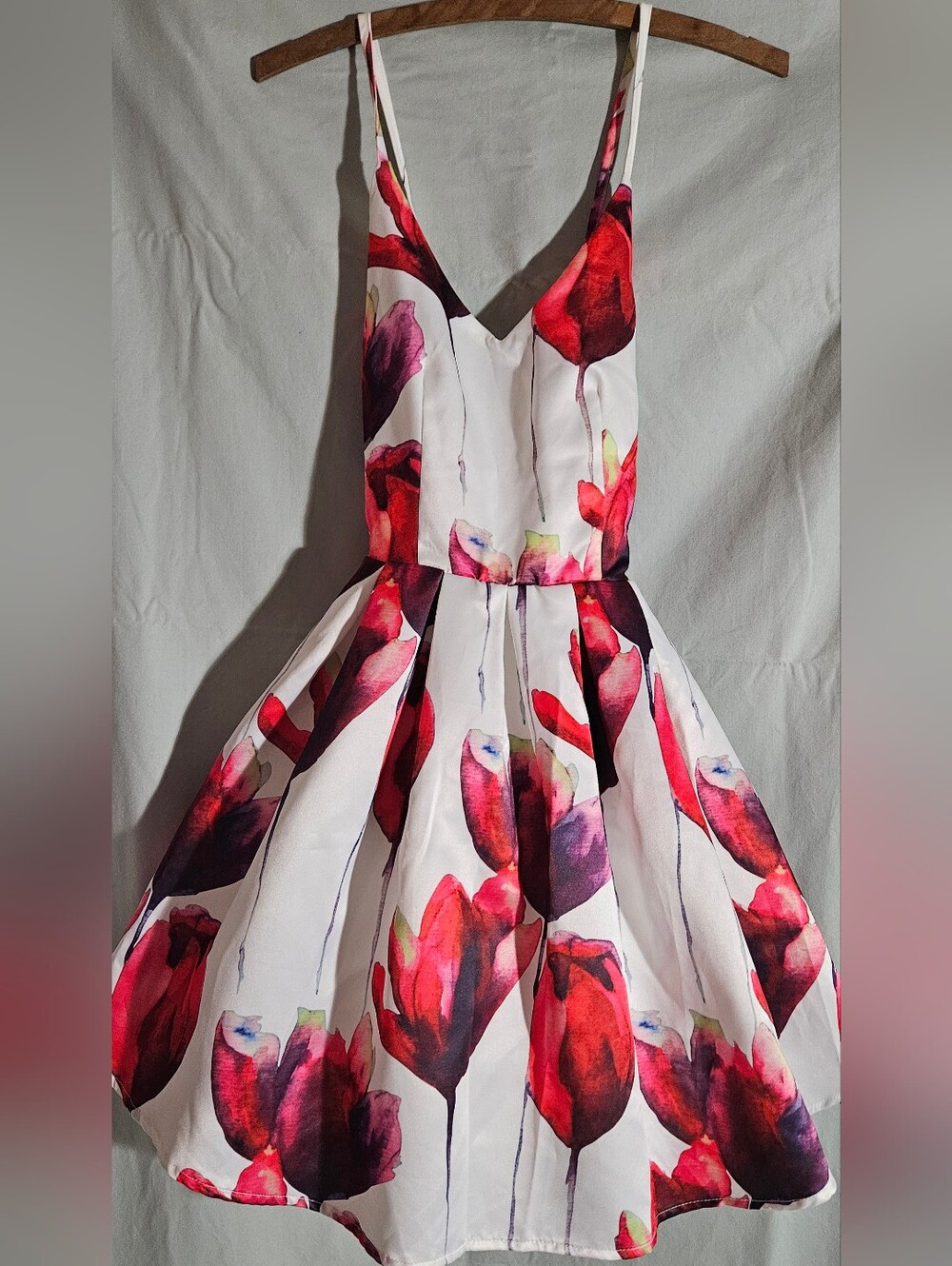V-Neck Spaghetti Strap Mini Dress in Red and Pink Floral